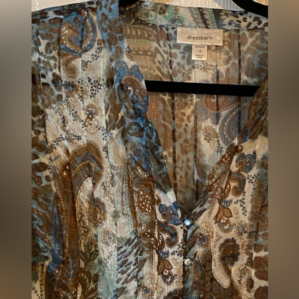 Dressbarn 1X Paisley and Animal Print Button-Up Shirt